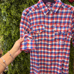 Camicia Donna Fiorucci a Quadri Rosso, Blu e Bianco con Taschini e Logo Ricamato