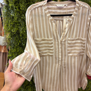 Camicia / Blusa Donna Tom Tailor Righe Beige e Bianche con Taschini e Scollo a V