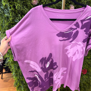 T-Shirt / Maxi T-Shirt Overfit Donna Tom Tailor Plus Size Lilla con Stampa Floreale Artistica e Scollo a V