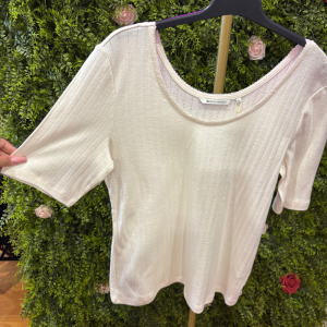 Maglia / T-Shirt Costine Donna Denim Tom Tailor Bianco Panna con Ampio Scollo Rotondo e Maniche al Gomito